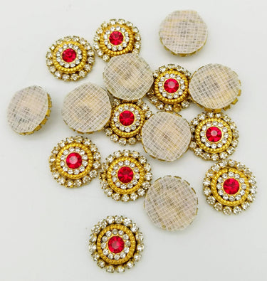 10 Red and Diamante Rhinestones Gold Tiny Round Appliques, Beaded Applique, Headband Applique